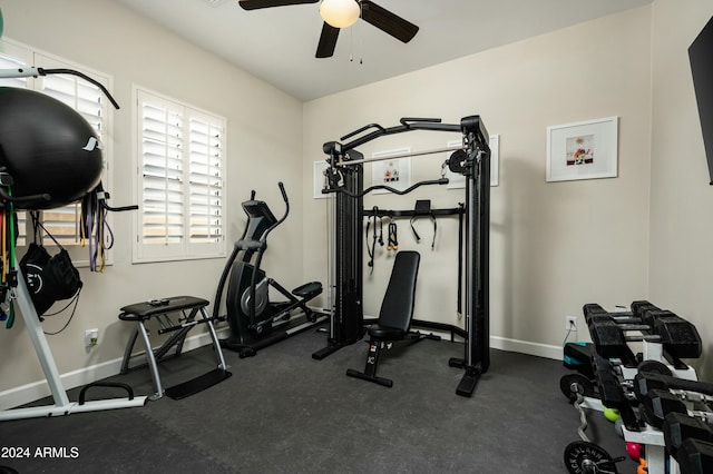 workout area with ceiling fan