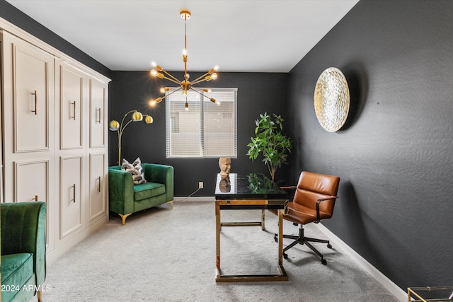 carpeted home office with an inviting chandelier