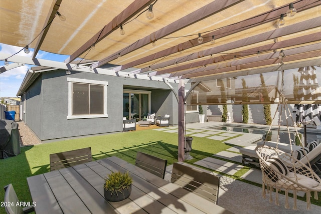 exterior space featuring an outdoor living space, a pergola, and a patio area