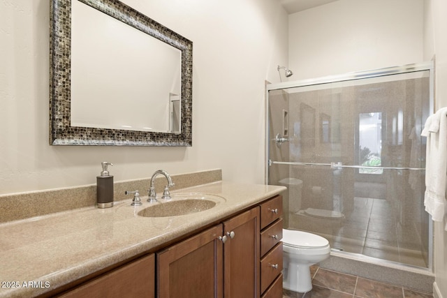 full bath with vanity, tile patterned flooring, a stall shower, and toilet