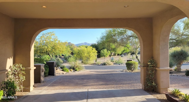 view of patio with a mountain view