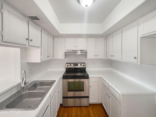 kitchen with sink, white cabinets, backsplash, electric range, and a tray ceiling