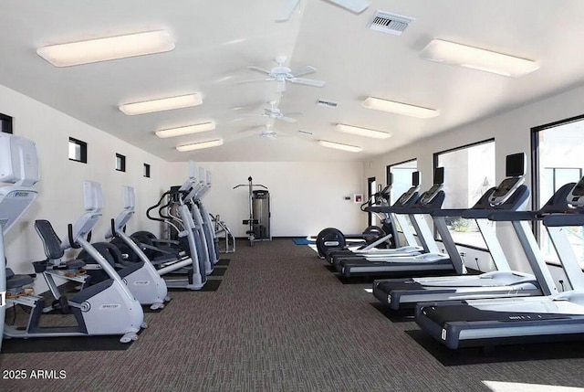 workout area featuring dark carpet