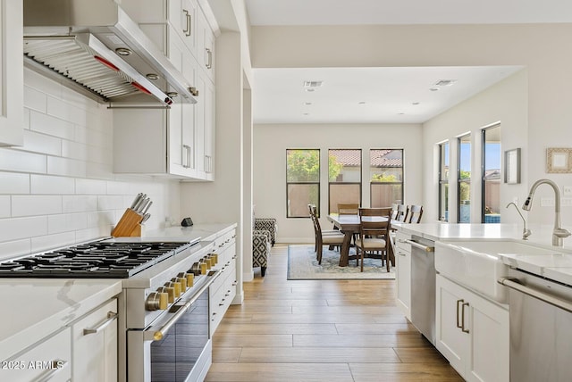 kitchen with ventilation hood, tasteful backsplash, a sink, dishwasher, and range with two ovens