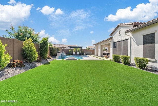 view of yard featuring a fenced in pool, a fenced backyard, and a patio area