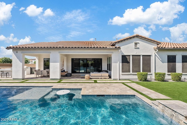 rear view of property with a patio, an outdoor living space, an outdoor pool, and stucco siding