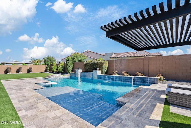 view of pool featuring a fenced in pool, a fenced backyard, and a patio area