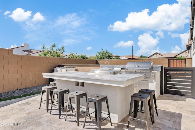 view of patio / terrace featuring a fenced backyard, outdoor wet bar, grilling area, and an outdoor kitchen