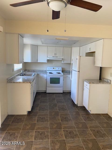 27 W Concorda Dr Unit 104, Tempe, AZ 85282 - kitchen featuring white appliances, under cabinet range hood, a sink, white cabinets, and a ceiling fan