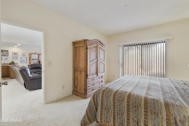 bedroom featuring baseboards, a textured ceiling, and light colored carpet