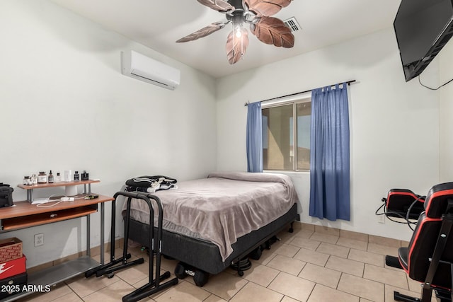 bedroom with light tile patterned flooring, ceiling fan, visible vents, and a wall mounted AC