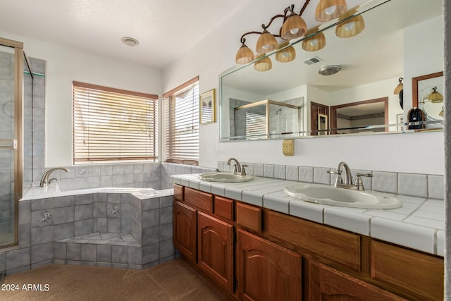 bathroom with vanity and plus walk in shower