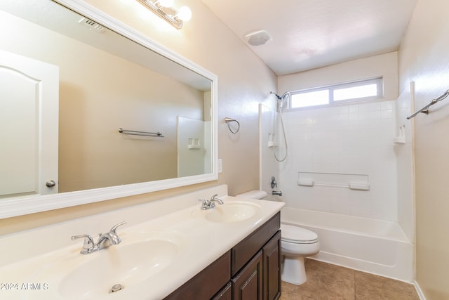 full bathroom with vanity, toilet, bathtub / shower combination, and tile patterned floors