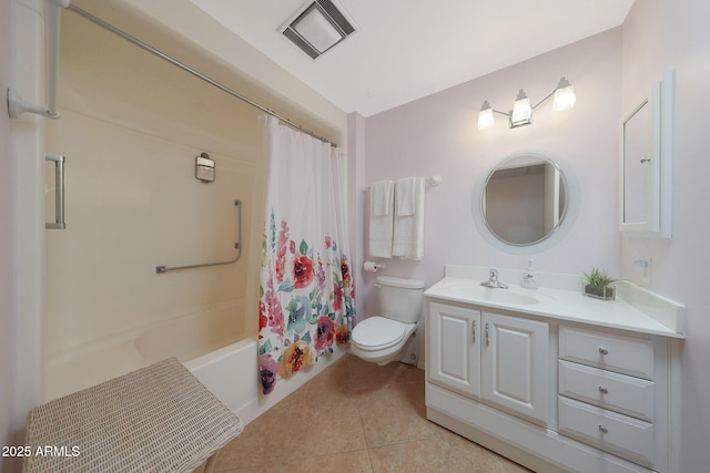 full bathroom with visible vents, toilet, tile patterned flooring, shower / bath combo with shower curtain, and vanity