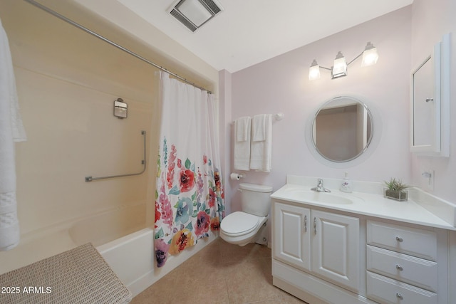 bathroom featuring toilet, vanity, visible vents, tile patterned floors, and shower / bath combo with shower curtain