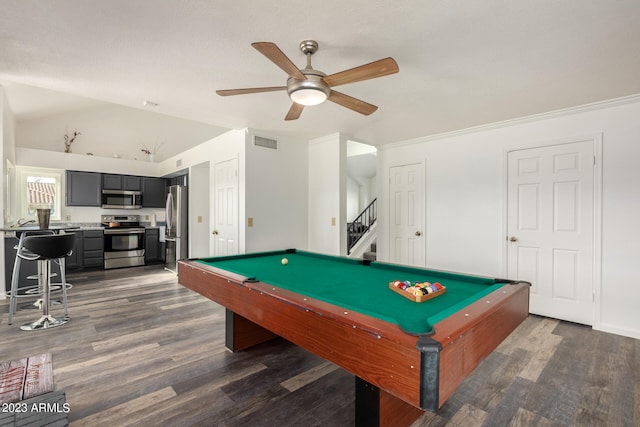 game room featuring billiards, ceiling fan, ornamental molding, and dark hardwood / wood-style floors