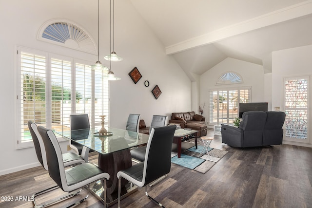 dining room featuring high vaulted ceiling, dark wood-type flooring, and beam ceiling