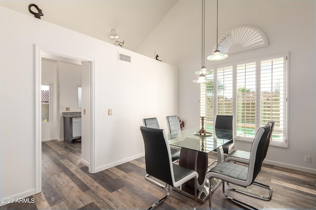 dining room with high vaulted ceiling and dark hardwood / wood-style floors