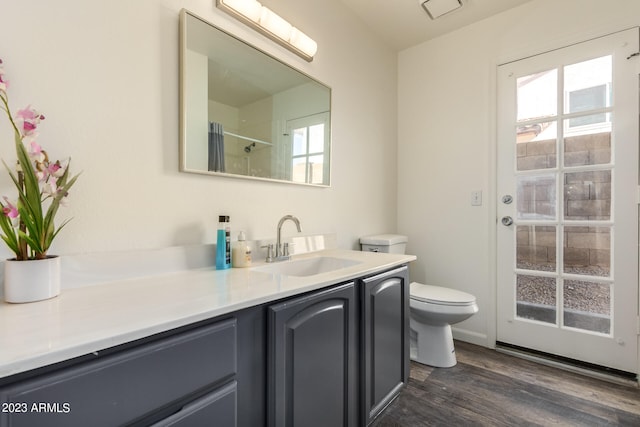 bathroom with a wealth of natural light, toilet, hardwood / wood-style flooring, and vanity