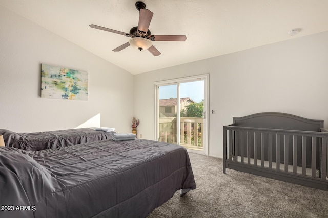 bedroom featuring ceiling fan, carpet flooring, vaulted ceiling, and access to exterior