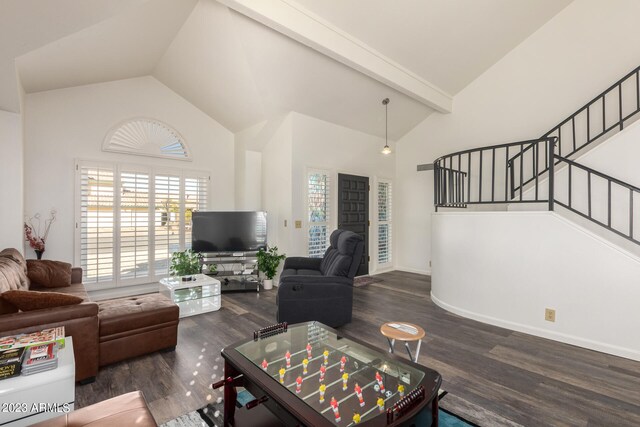 living room featuring high vaulted ceiling, beam ceiling, and dark hardwood / wood-style floors