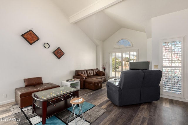 living room with dark wood-type flooring, high vaulted ceiling, and beam ceiling