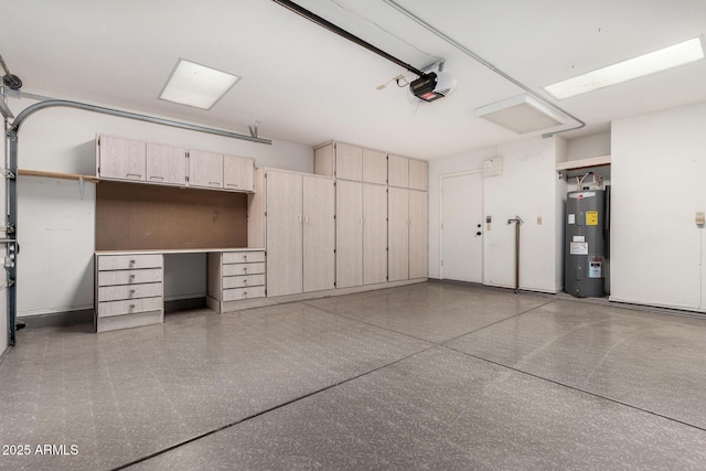 garage with a garage door opener and water heater