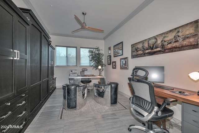 office area with ceiling fan and ornamental molding