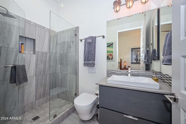 bathroom with decorative backsplash, toilet, walk in shower, and vanity