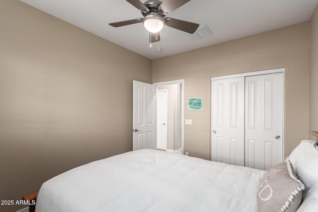 bedroom with a closet, visible vents, and ceiling fan