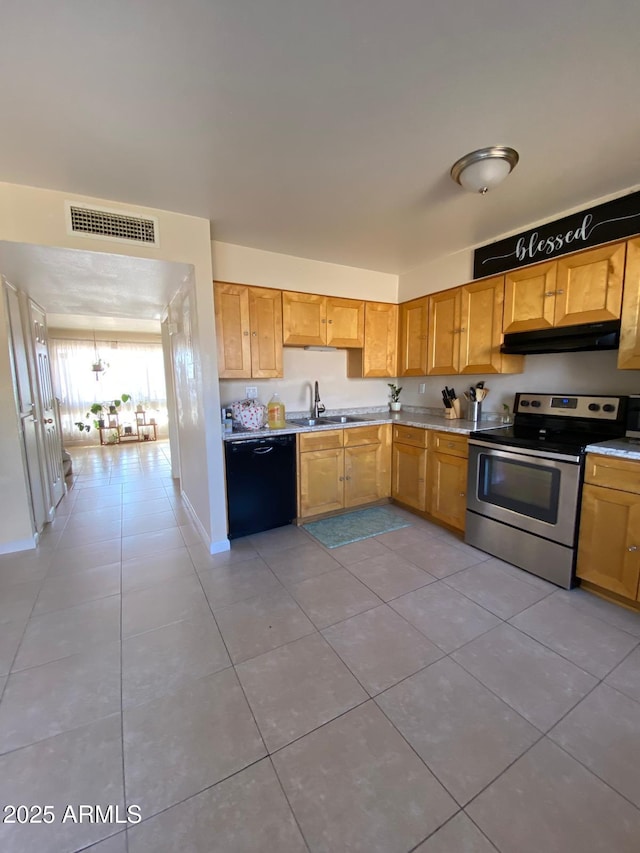 kitchen featuring under cabinet range hood, visible vents, black dishwasher, electric stove, and light countertops