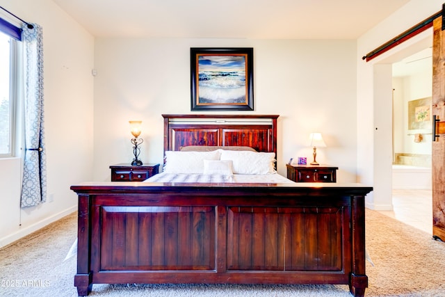 bedroom with multiple windows, light carpet, baseboards, and ensuite bathroom