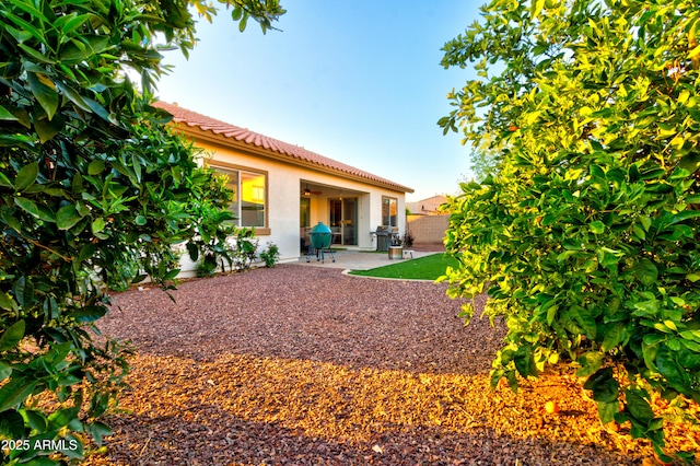 rear view of property with a fenced backyard, ceiling fan, stucco siding, a tiled roof, and a patio area