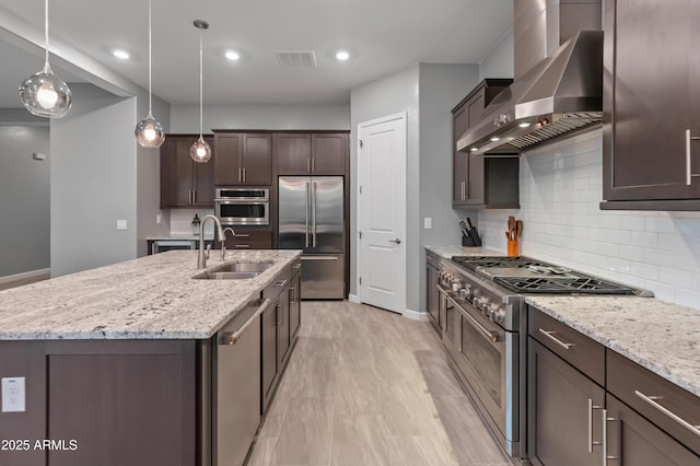 kitchen featuring high end appliances, wall chimney exhaust hood, a kitchen island with sink, and sink