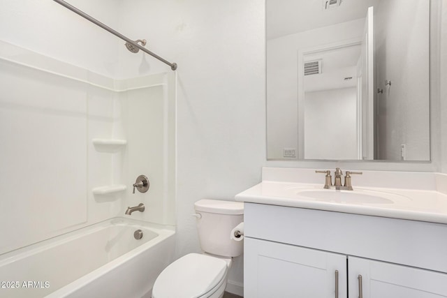 bathroom with toilet, shower / bathtub combination, visible vents, and vanity