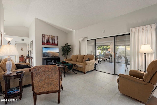 living room featuring high vaulted ceiling