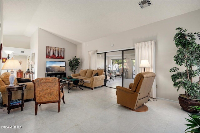 living room featuring lofted ceiling