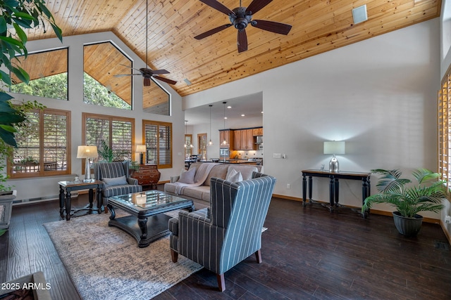 living area featuring baseboards, ceiling fan, wood ceiling, high vaulted ceiling, and dark wood-type flooring