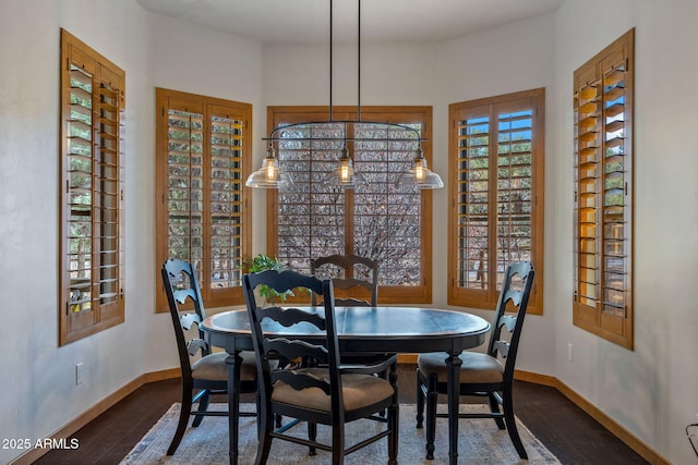 dining room with dark wood-style flooring, baseboards, and plenty of natural light