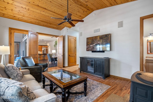 living room featuring baseboards, ceiling fan, wood ceiling, high vaulted ceiling, and light wood-style floors
