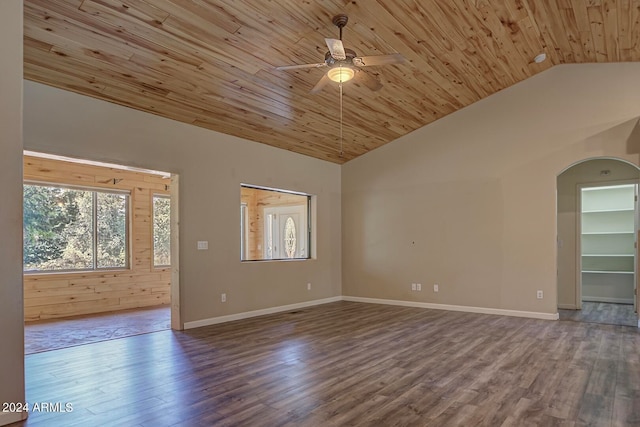 interior space with wooden ceiling, ceiling fan, wood-type flooring, and vaulted ceiling