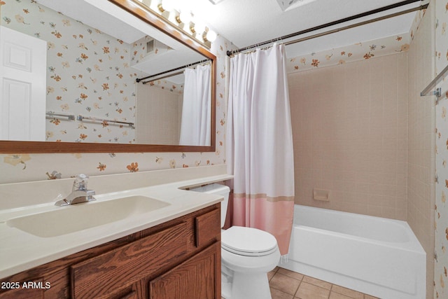 9797 N 100th Pl, Scottsdale, AZ 85258 - bathroom featuring tile patterned floors, vanity, wallpapered walls, and shower / bathtub combination with curtain