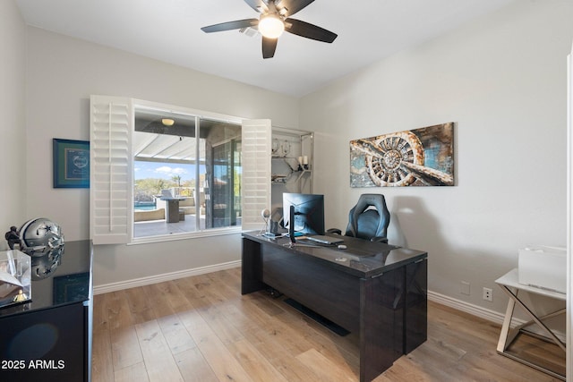 office space featuring ceiling fan and light wood-type flooring