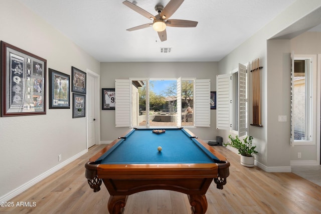 game room featuring ceiling fan, pool table, and light hardwood / wood-style flooring