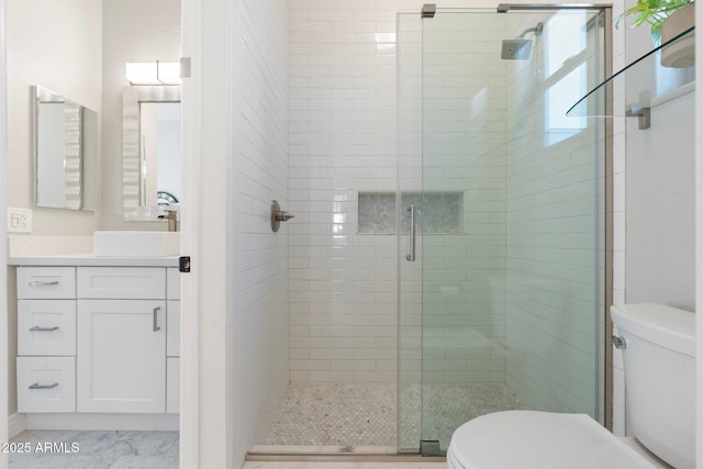 bathroom with vanity, a shower with door, and toilet