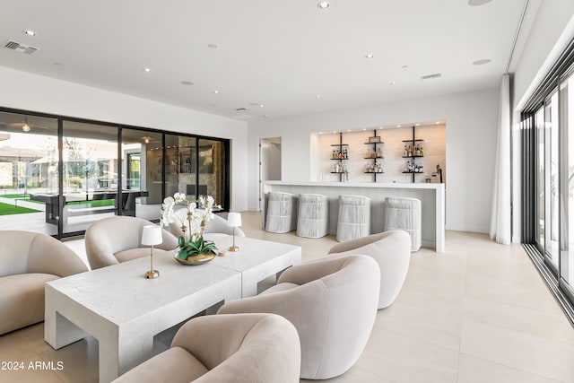 tiled living room with bar area