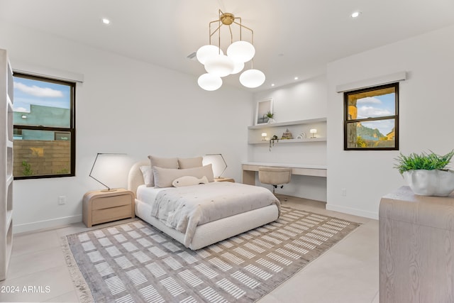 tiled bedroom featuring built in desk