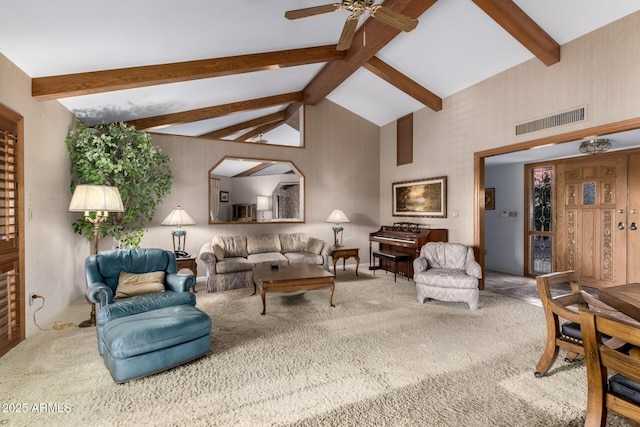 carpeted living room featuring ceiling fan, beam ceiling, and high vaulted ceiling