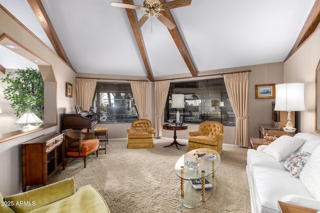 living room featuring ceiling fan, carpet, and vaulted ceiling with beams