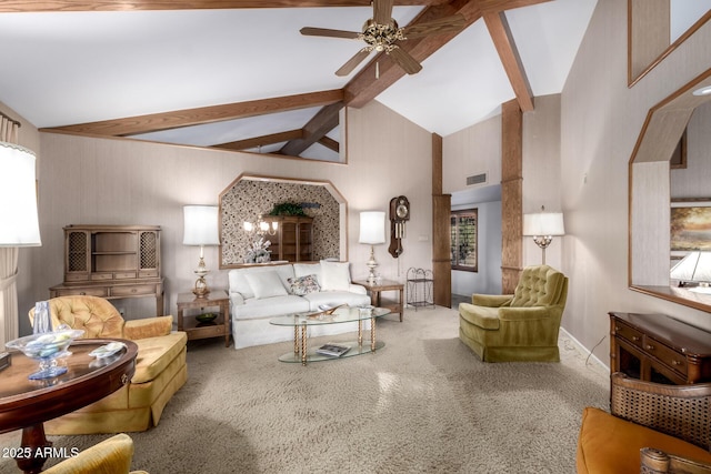 carpeted living room with ceiling fan, high vaulted ceiling, and beamed ceiling